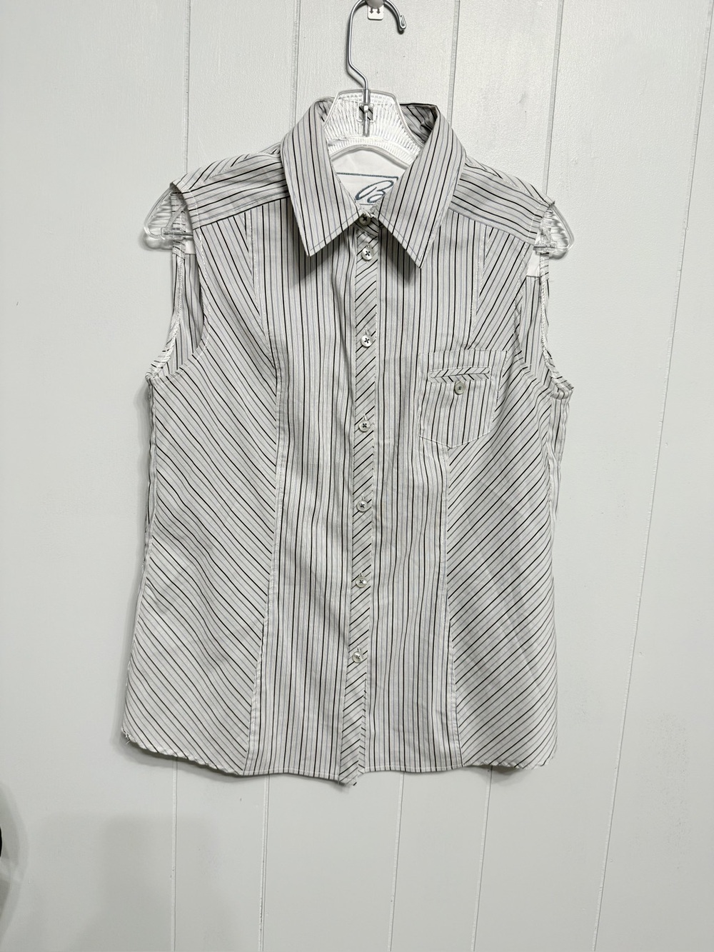 #10)  Sleeveless Button-Front Striped Shirt - White/Black, Blue